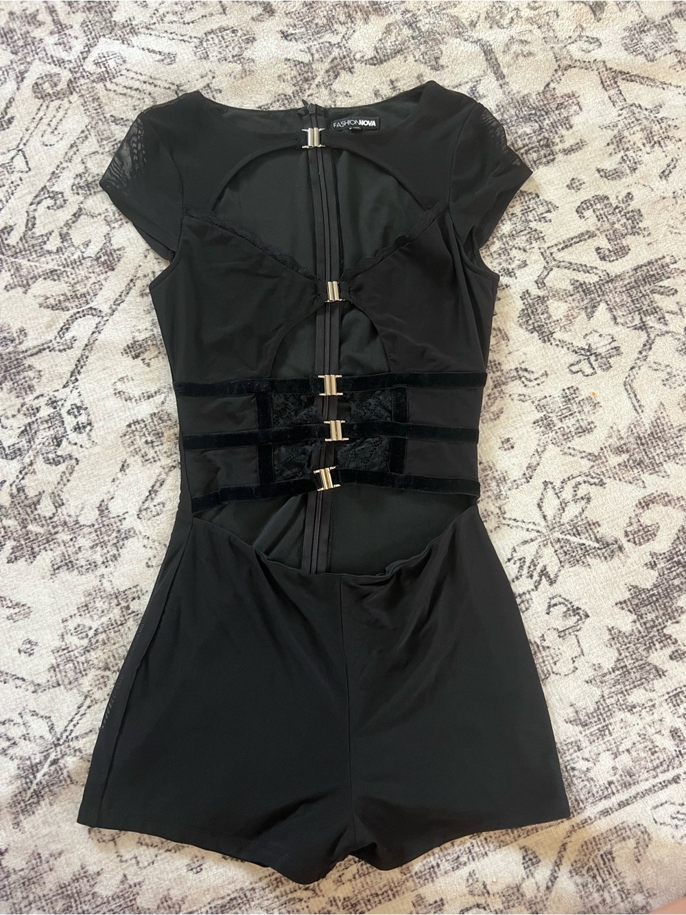 Fashion Nova Black Cutout Romper with Gold Accent Buckles